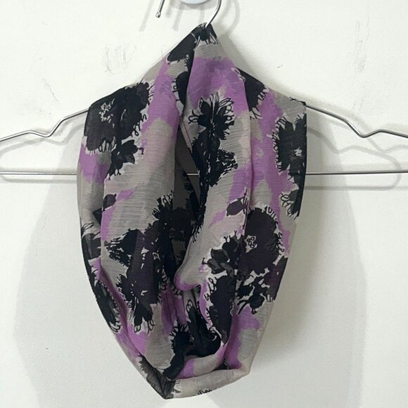Purple Gray Black Floral Infinity Scarf Sheer Chiffon Style Handmade 58” Loop - Picture 1 of 8
